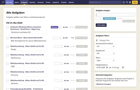 Aufgaben-Übersicht im CRM